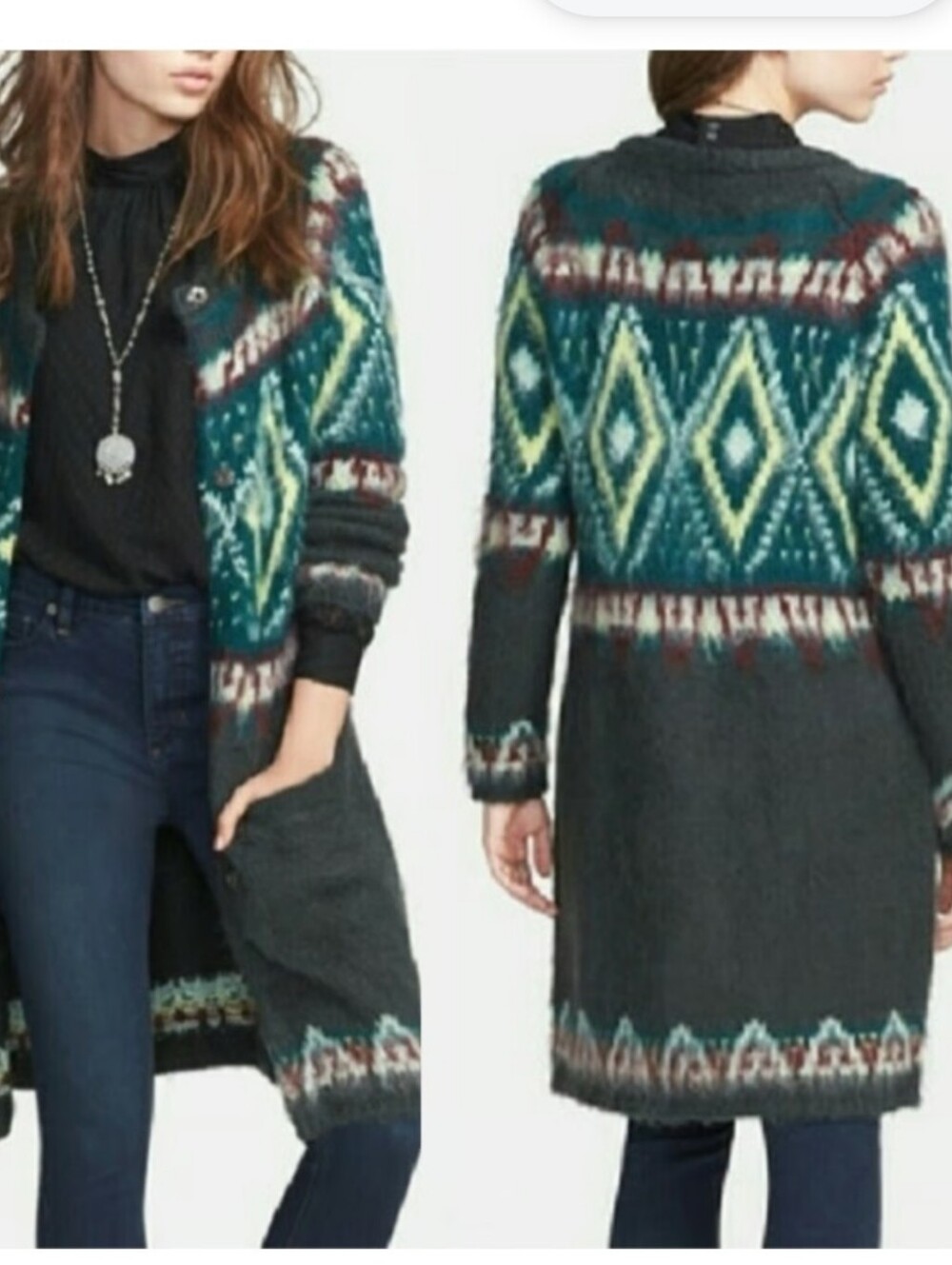Free People Frosted Fair Isle Mohair Wool Blend Long Duster Cardigan